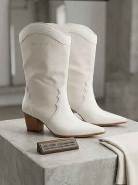 OAK + FORT Cream Canvas and Leather Mid-Calf Western Boots
